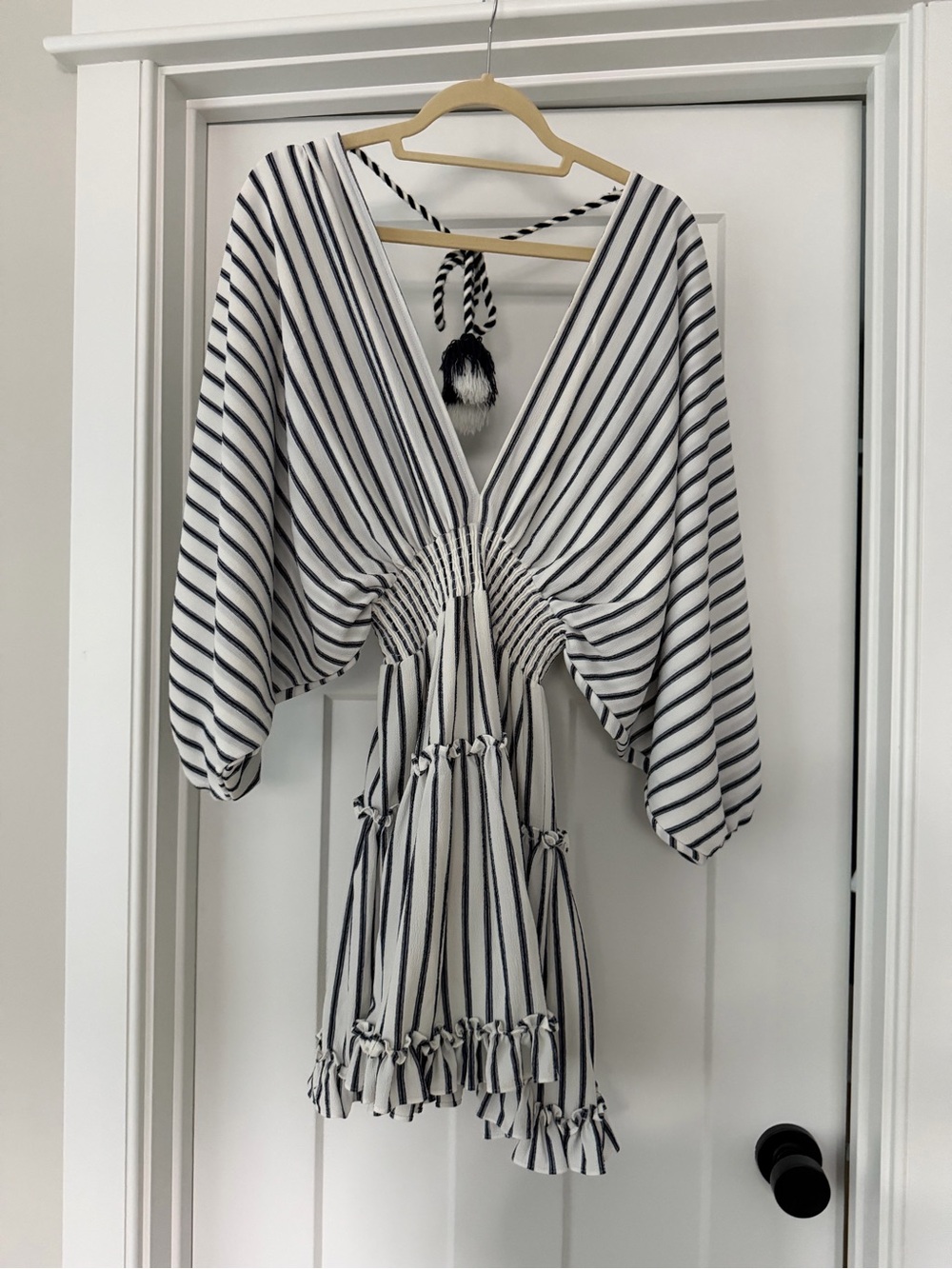 Misa Los Angeles White and Navy Striped Deep V Mini Dress